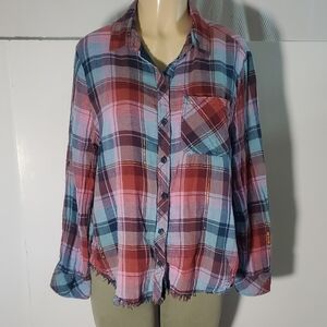beachlunchlounge Women's Double Sided Fringed Plaid Button-Up Shirt Sz L